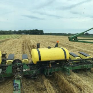 No-tilling soybeans into wheat stubble.